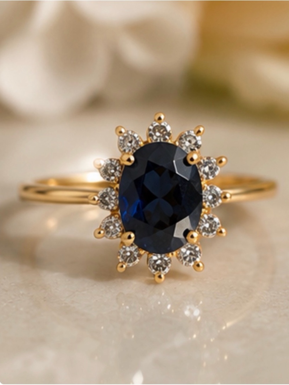 Vintage 14K Yellow Gold Blue Sapphire & Diamond Halo Ring – Size 5